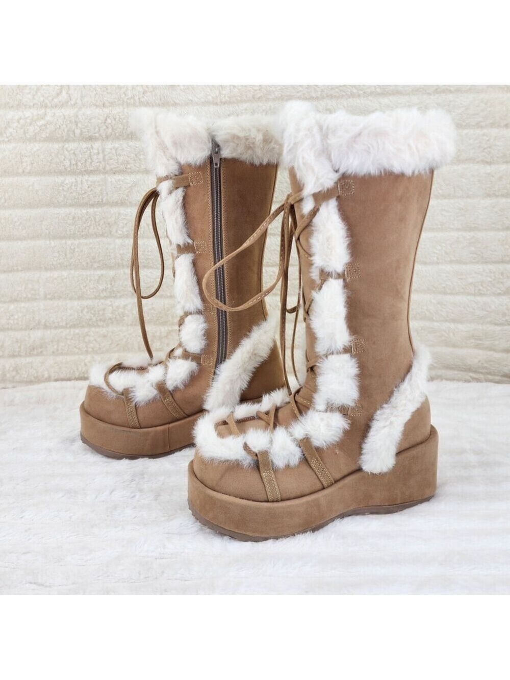 NIB DEMONIA Cubby 311 Stomper Tan Mammoth Platform Goth Punk Knee Boots NY - Picture 5 of 11